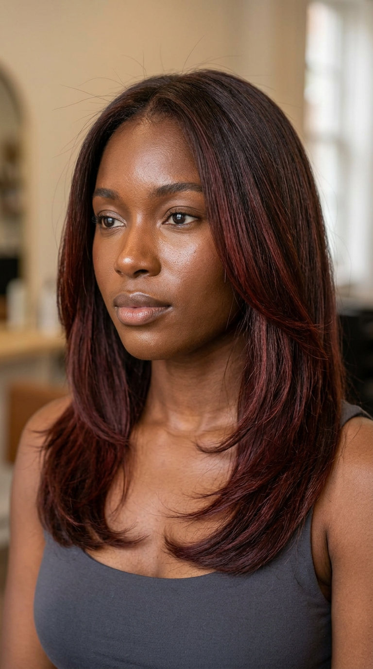 long chocolate cherry balayage with subtle violet undertones and soft layers for date night