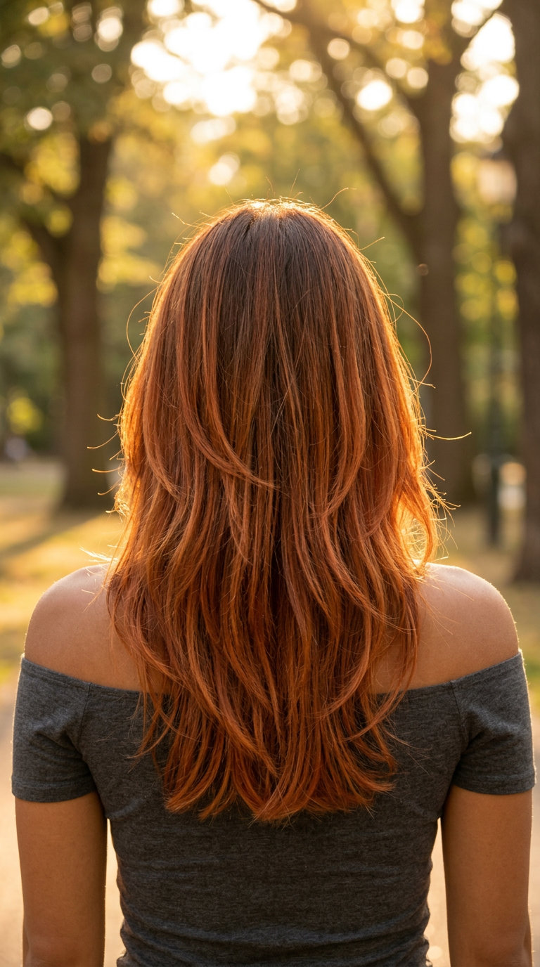 long layered brunette hair with chocolate cherry color melt, color melt, no fringe — alluring date night
