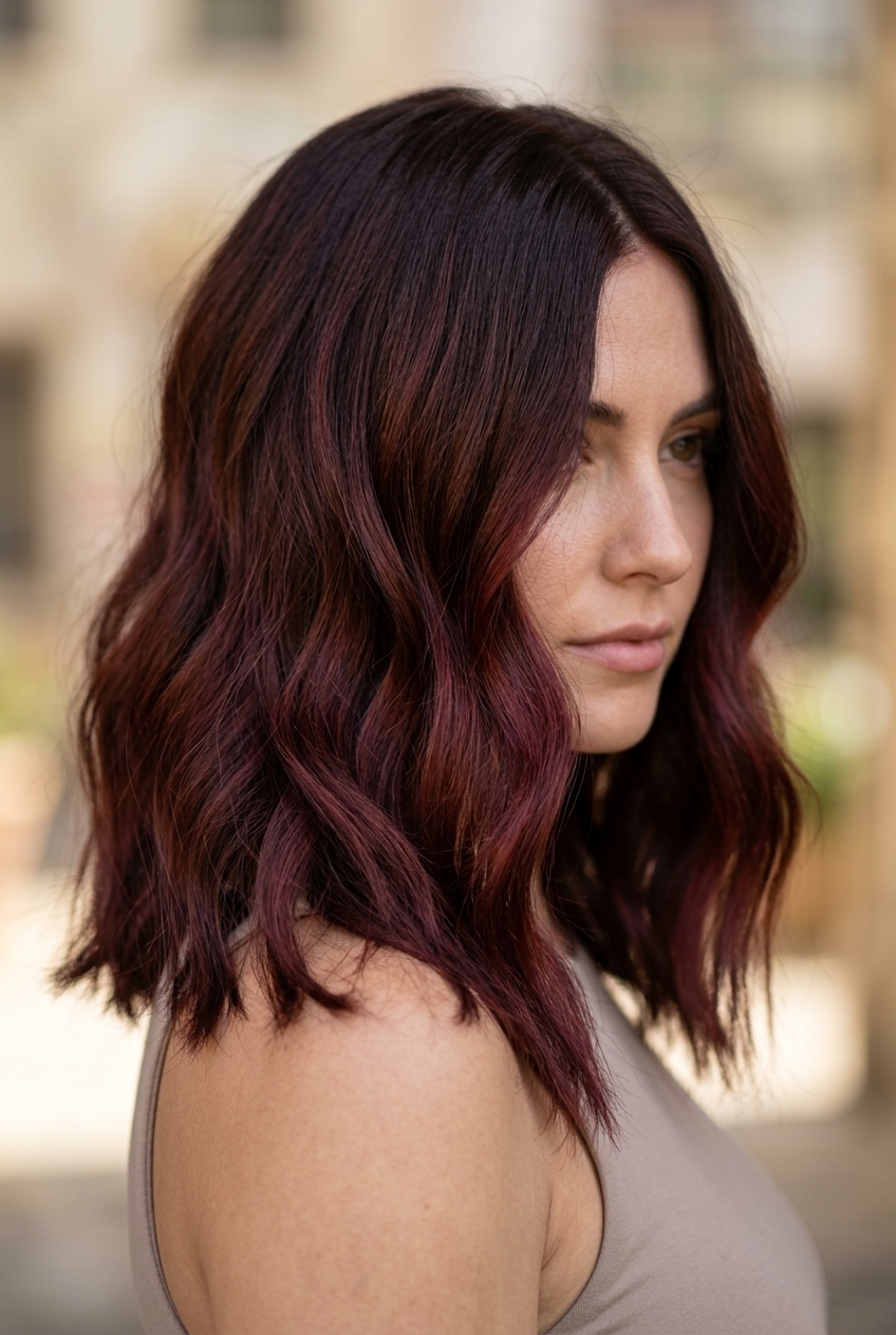 Chocolate Cherry Brunette Hair Color 2026 long layered brunette hair with chocolate cherry color melt, color melt, no fringe β alluring date night