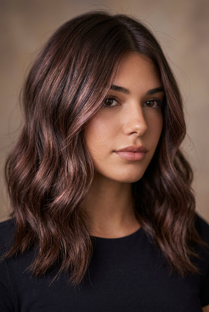 medium layered hair with chocolate opal highlights, iridescent rose gold, no fringe — luminous