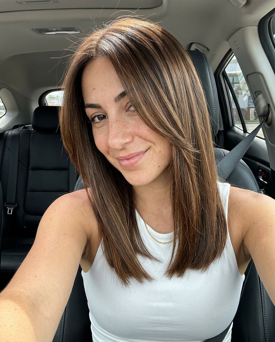 long blunt chocolate truffle balayage with caramel ribbons for summer 2026