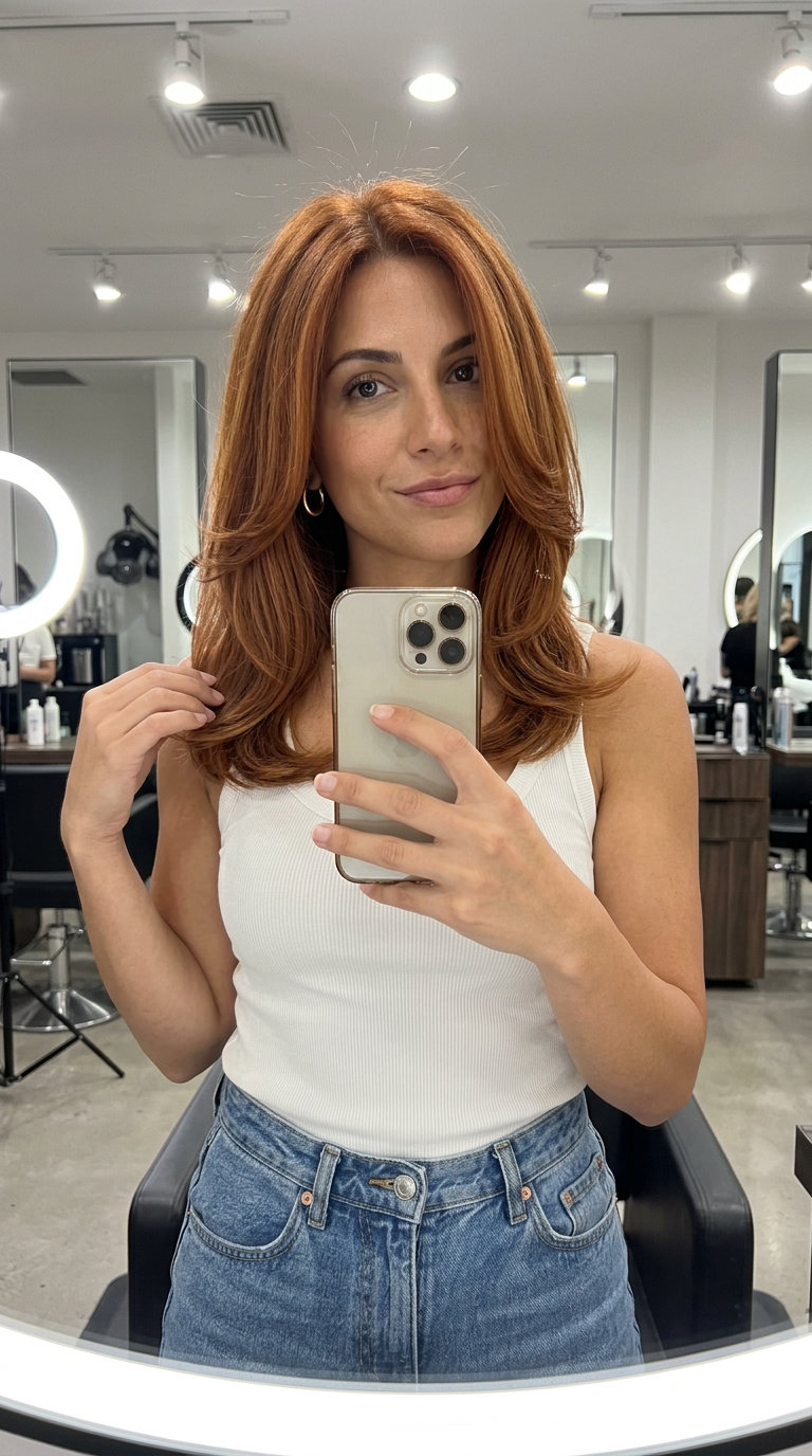 mid-length layered haircut auburn hair color with cinnamon and golden undertones, all-over color, playful mood