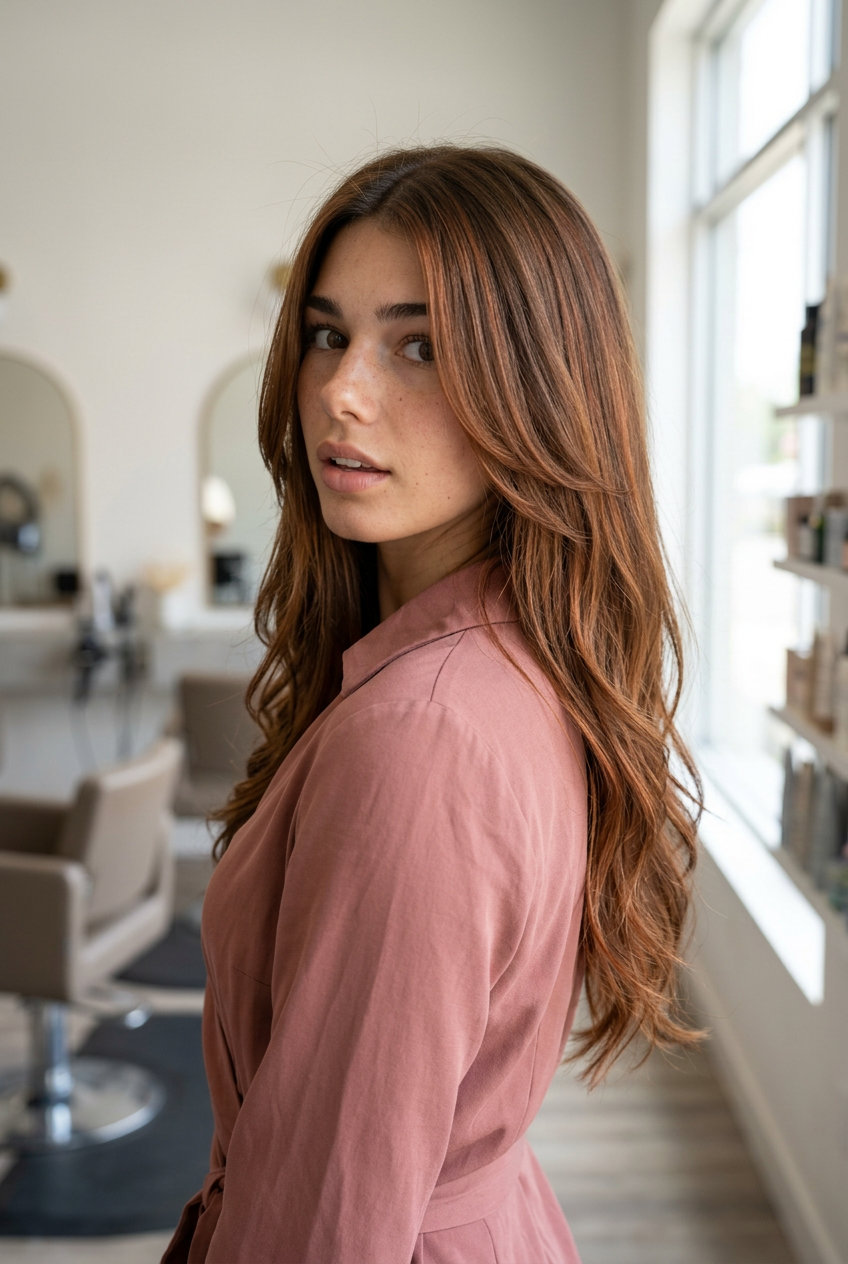 long layered hair in cinnamon red with warm brown base and face-framing layers