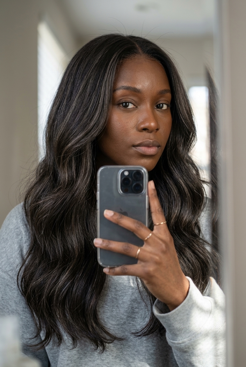 long cold brew brunette with cool ash micro-babylights and subtle layers for romantic look