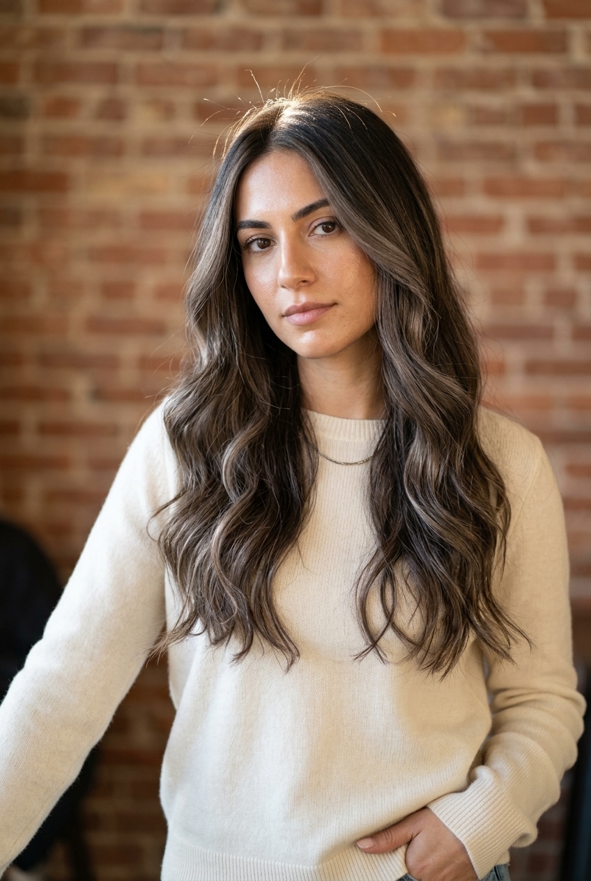 long cold brew brunette with cool ash micro-babylights and face-framing layers for beach day