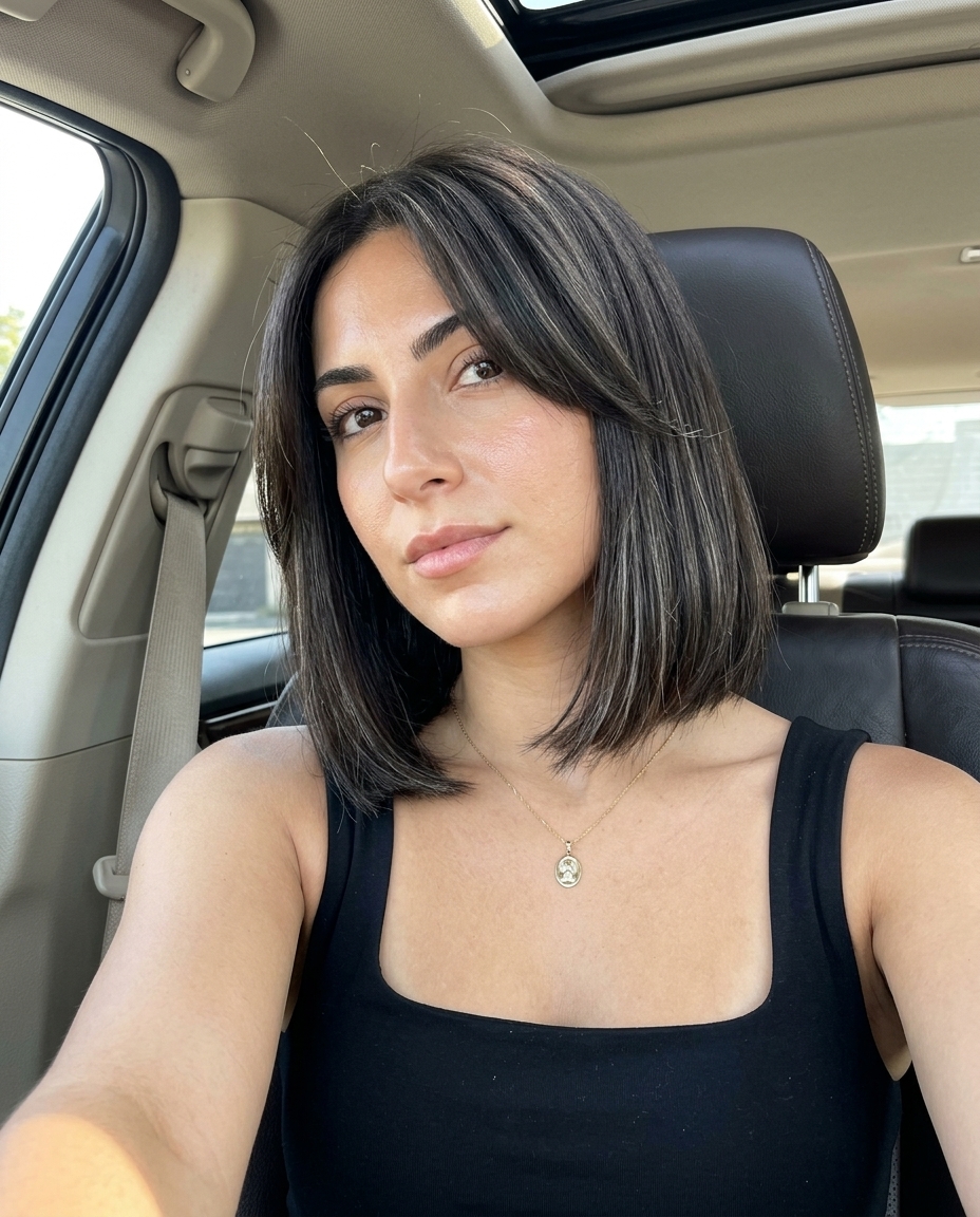 chin-length bob haircut with cold brew midnight color, blunt perimeter, curtain fringe — chic minimalist office