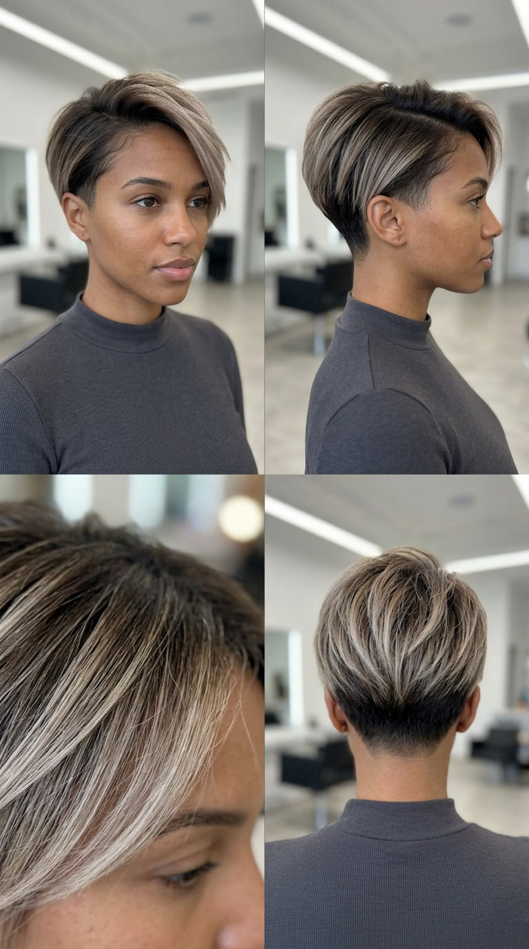 short asymmetric pixie haircut with cool beige ombre, clipper fade, textured top — edgy low-maintenance style