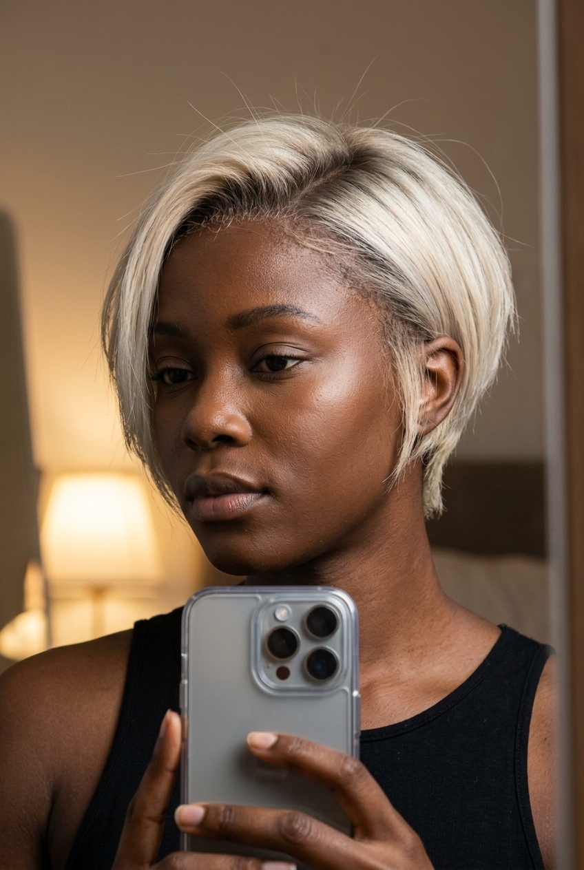 short asymmetrical pixie with bright cool blonde, platinum babylights, side-swept fringe — edgy modern