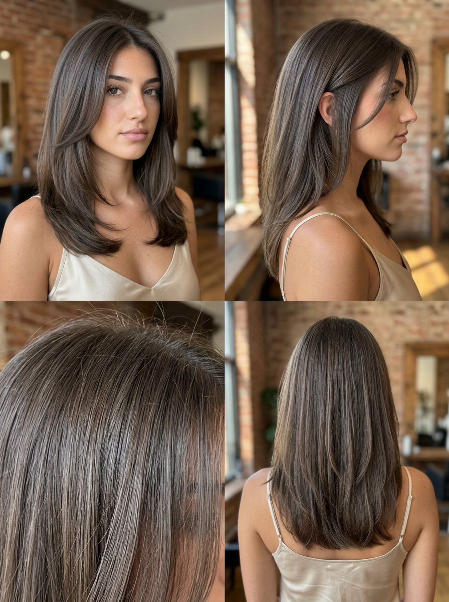 medium-length cool brown gloss with smoky lowlights and face-framing curve cut for daily wear