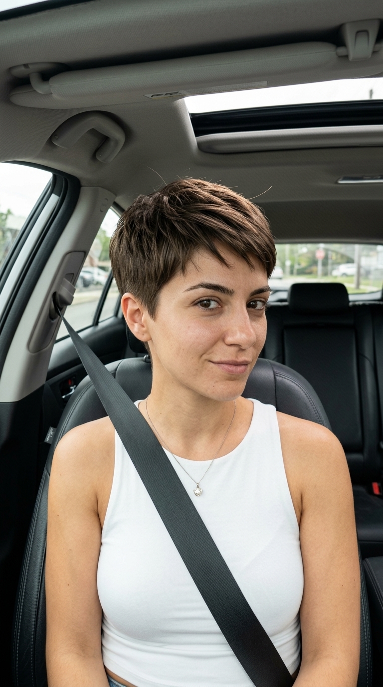short pixie haircut in cool natural brown with ash tones, side-swept fringe — sharp, sophisticated