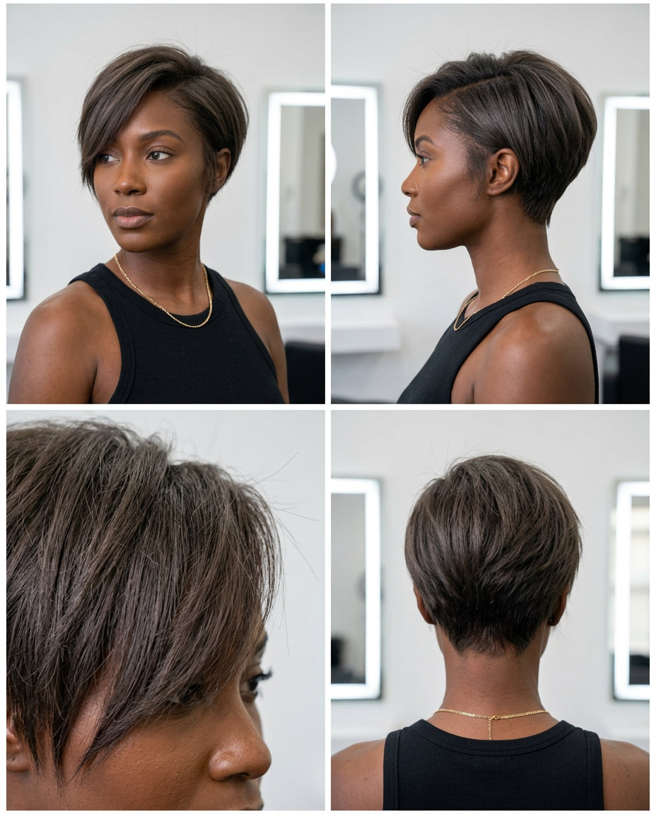 short razored bixie haircut with cool dark brown color, asymmetrical fringe for edgy daily wear