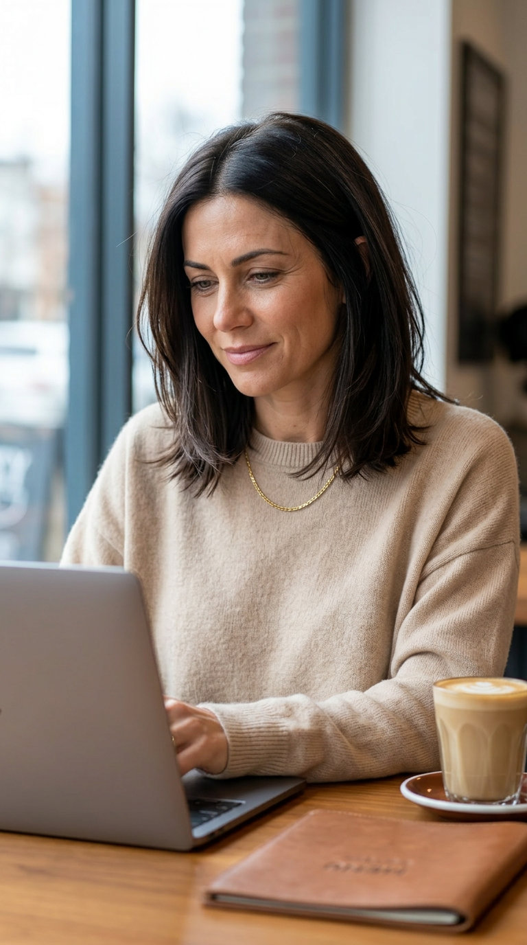 collarbone-length cool espresso brunette, soft internal layers, subtle face-framing — effortless & chic