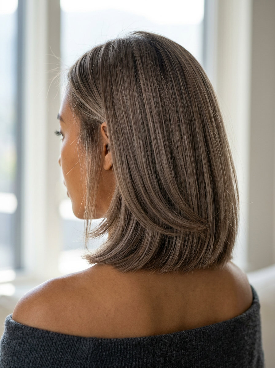 collarbone lob in cool linen brown with curve-cut layers and blunt perimeter for professional events
