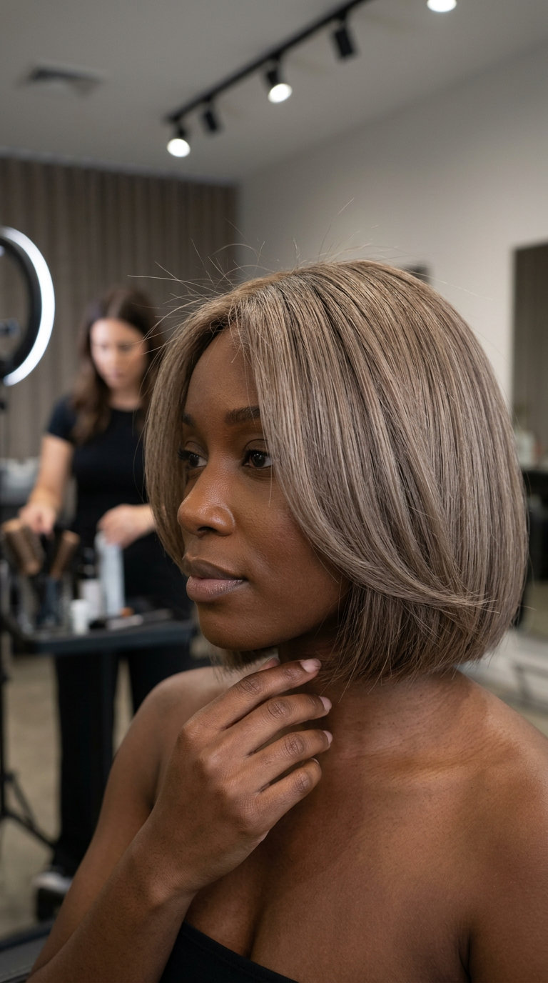 chin-to-collarbone contour bob in cool linen brunette with internal layers and deep side part for date night