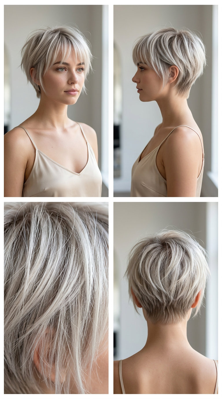 modern pixie haircut with cool platinum blonde, ash root smudge, feathered bangs for casual outing