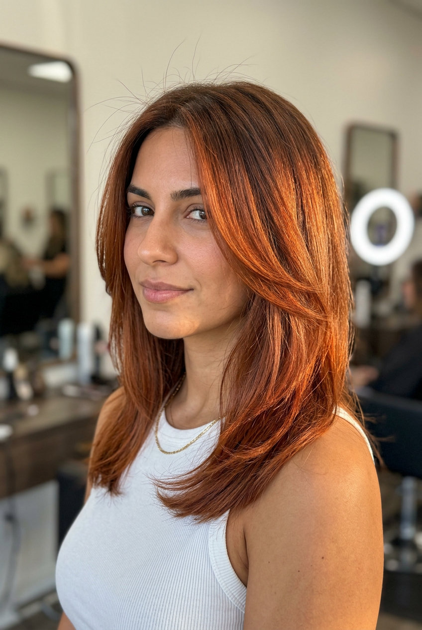 Cool Taupe Brunette Hair Color 2026 long one-length brunette hair with cool taupe all-over, single process, no fringe β chic daily wear