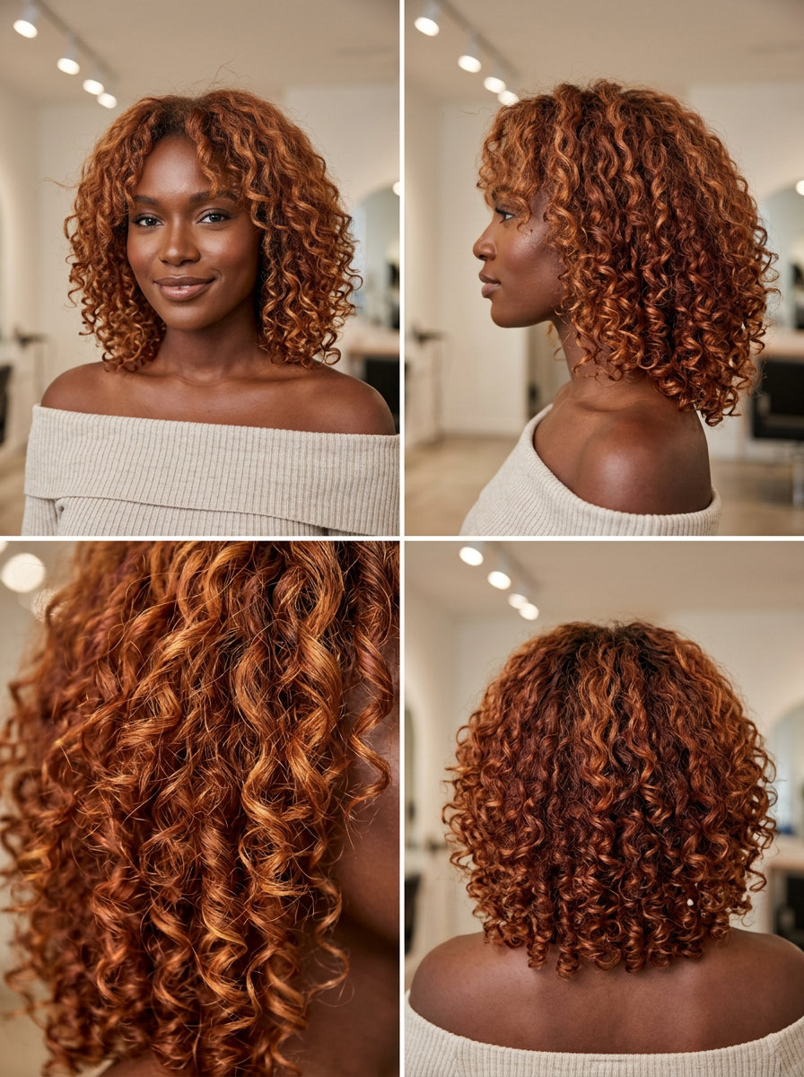 medium curly haircut with copper and auburn highlights, foilyage technique, rounded shape — bold bohemian festival