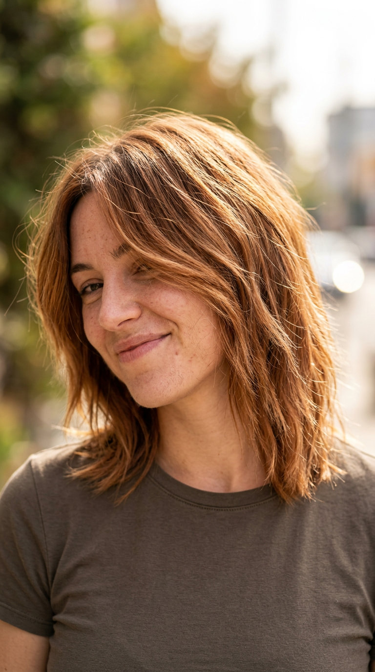 collarbone layered shag-lob in warm copper balayage with amber tones, texturizing layers — playful music festival look