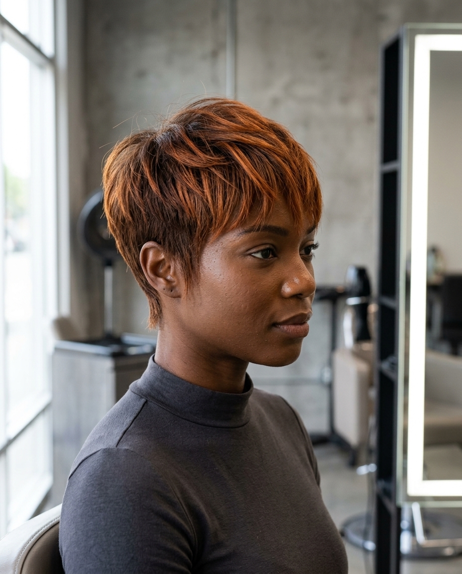 short razored pixie haircut with copper balayage, tapered sides for edgy look