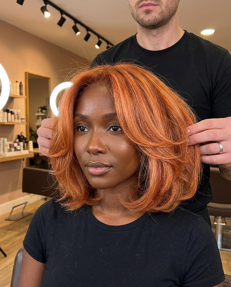 chin-length copper bob with peach highlights & tousled waves for glamorous look