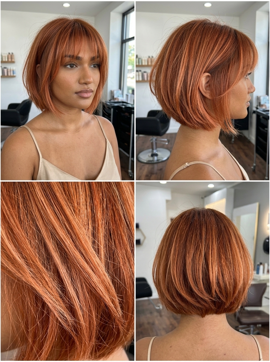 chin-length French bob in vibrant copper with wispy bangs for summer