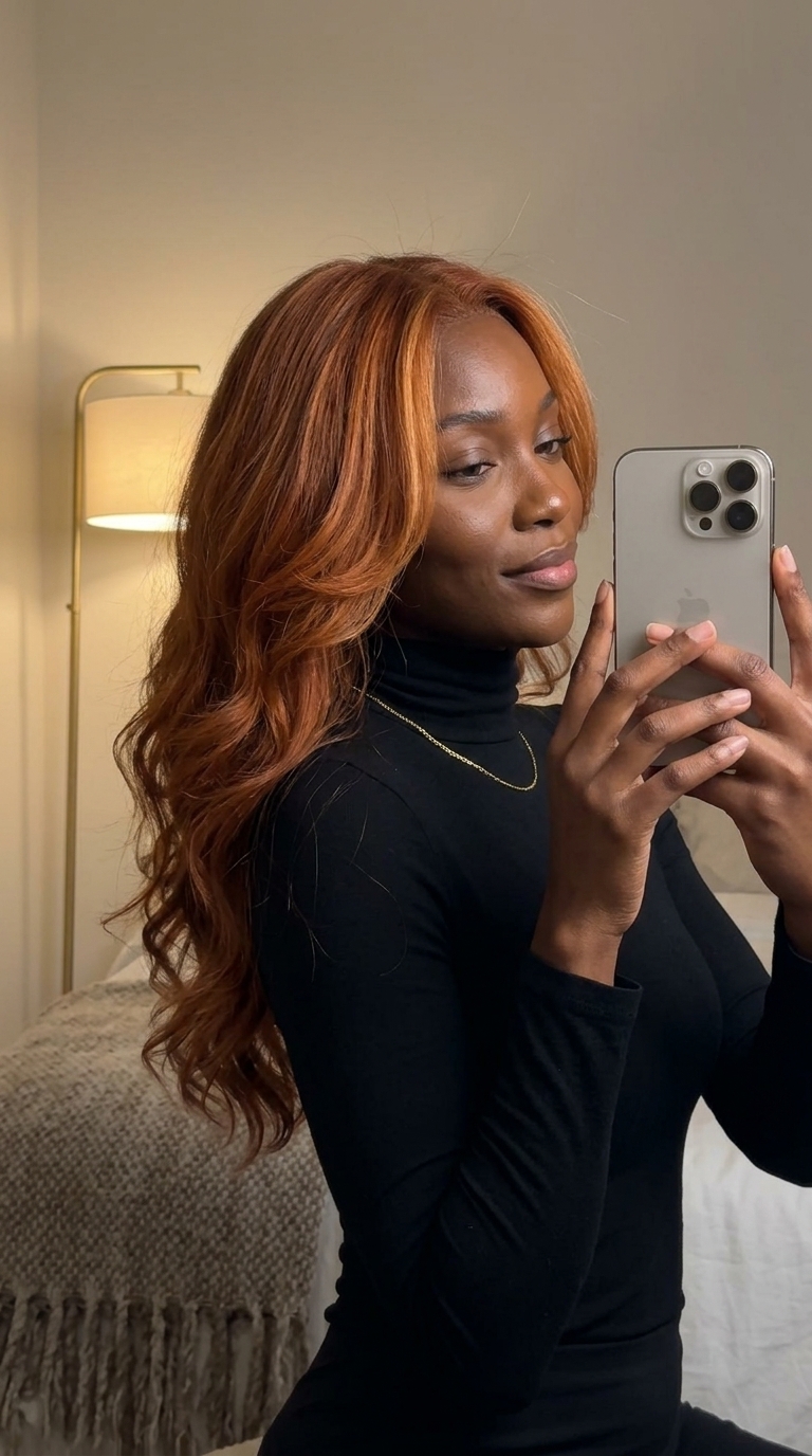 long cascading haircut in rich copper with golden-apricot highlights, soft cascading layers, face-framing layers — romantic glamorous