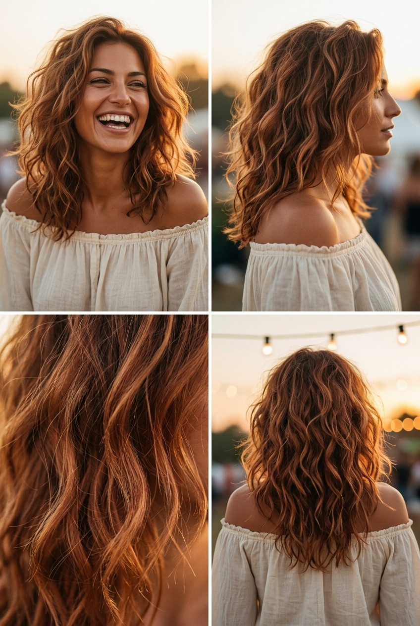 long messy waves with sunset copper color, loose curls, no fringe — carefree festival