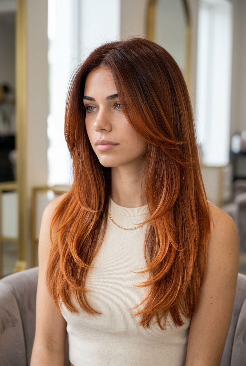 long cascading haircut with copper ombré balayage, soft U-shape back, and face-framing layers for glamorous events