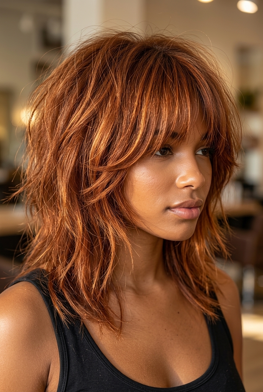 medium shag haircut with copper penny brown color, choppy layers for retro style