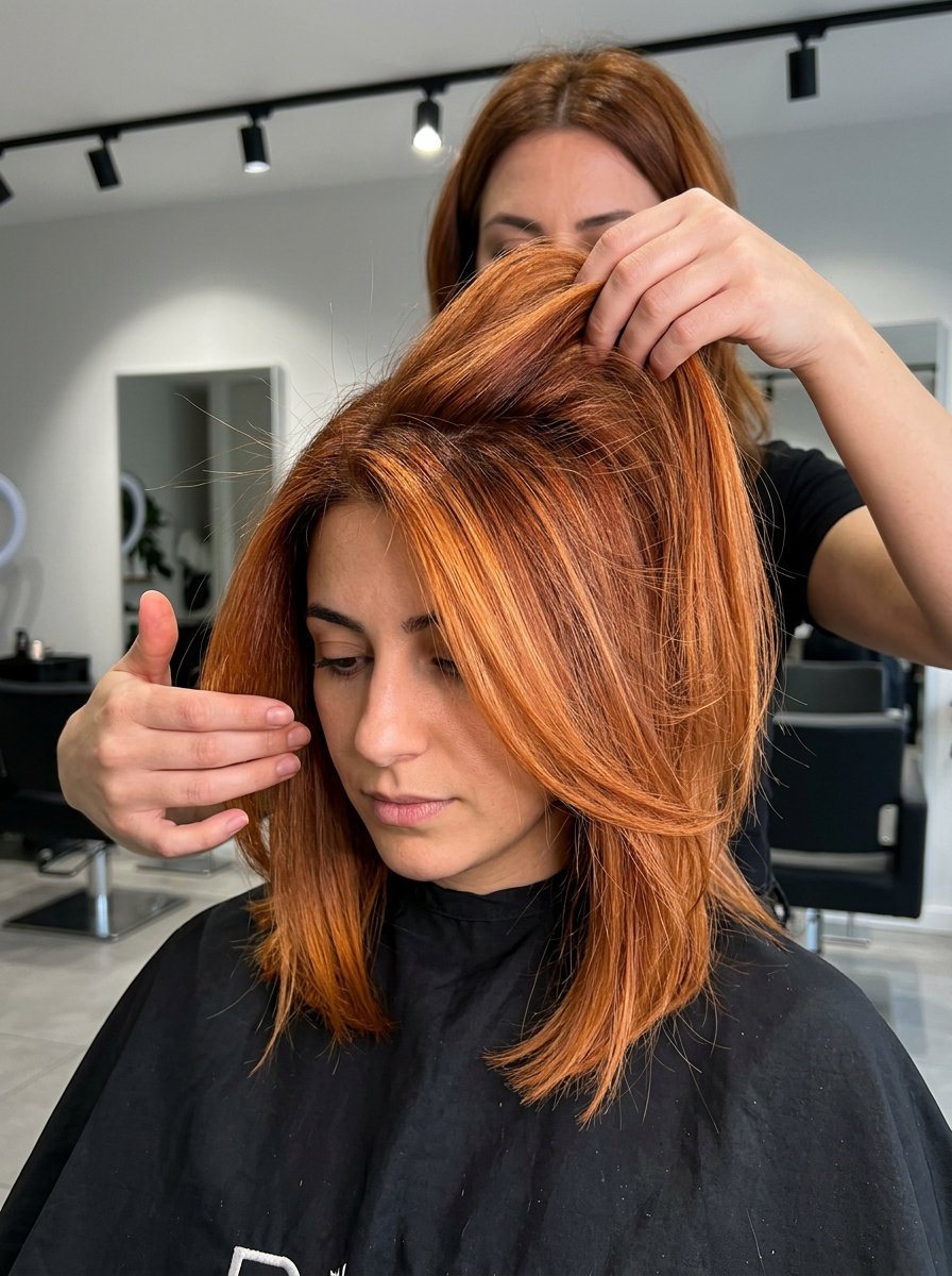 long copper penny balayage with metallic orange and warm gold tones for festivals
