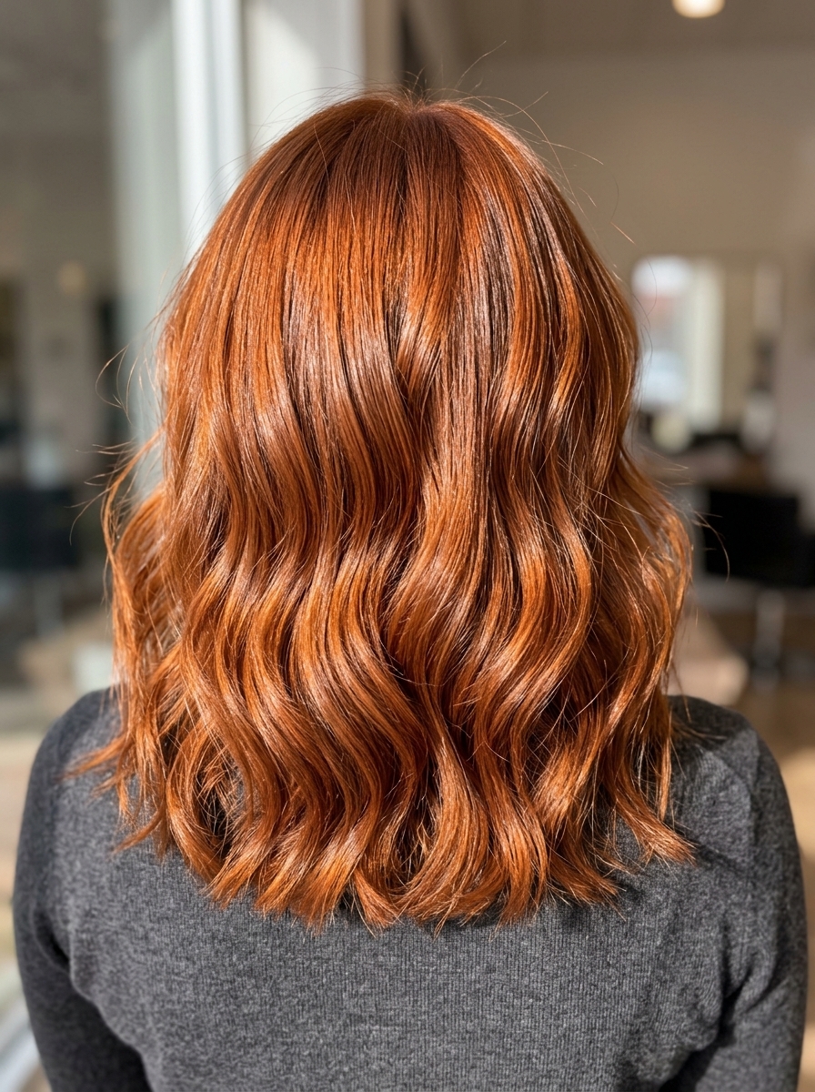 medium layered haircut with brunette and vibrant copper penny glaze for bold style