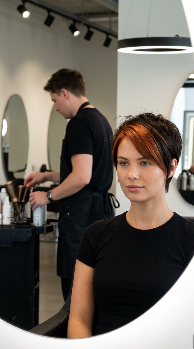 short razored pixie haircut with deep chocolate brunette and vibrant copper penny streak for summer