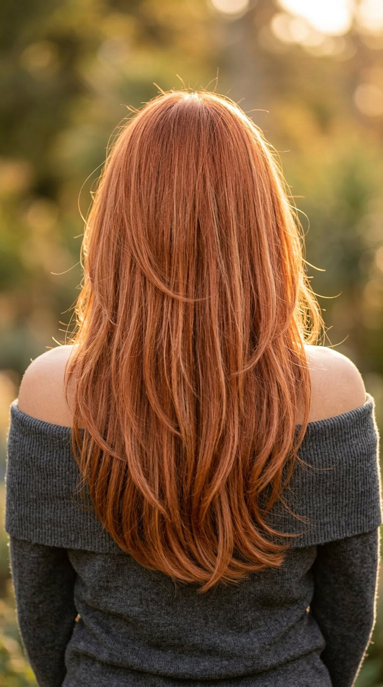 long haircut with warm copper red, strawberry blonde babylights, flowing layers — romantic dreamy style