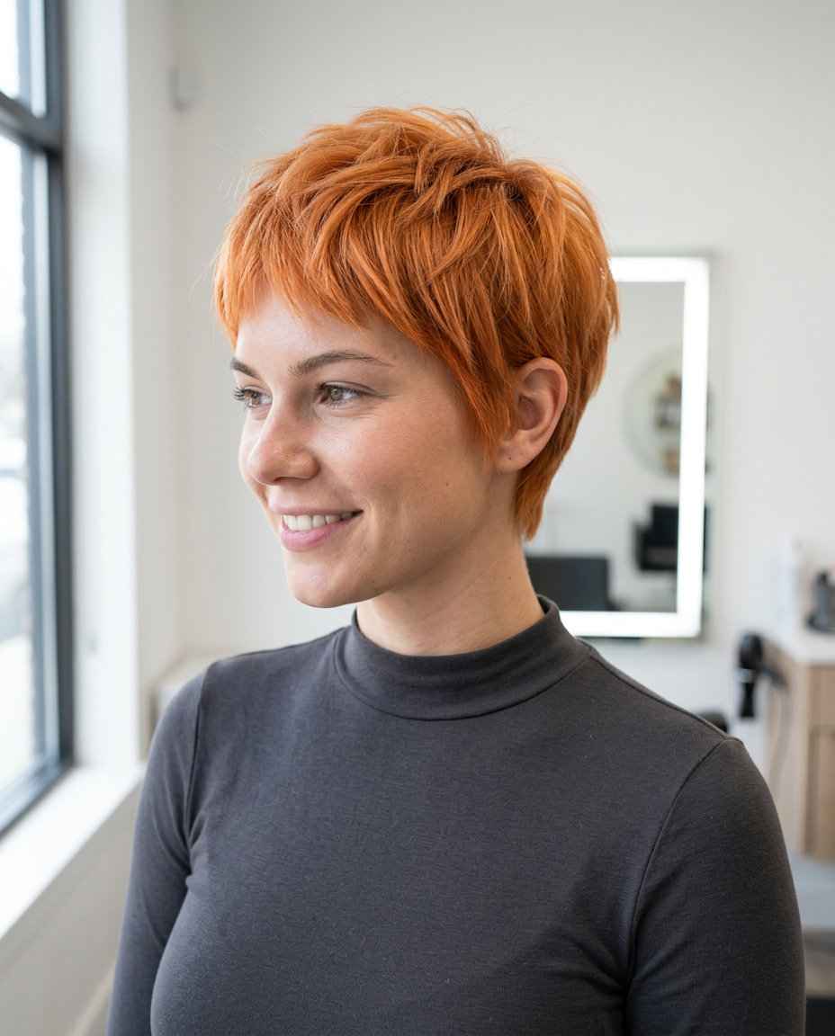 very short crop in bright copper red, textured top, soft face-framing pieces — playful and energetic