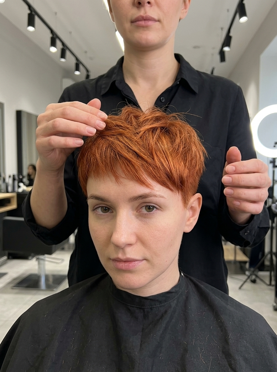 very short pixie cut in vibrant copper red with orange-golden undertones, choppy layers, wispy micro-bangs — playful and edgy