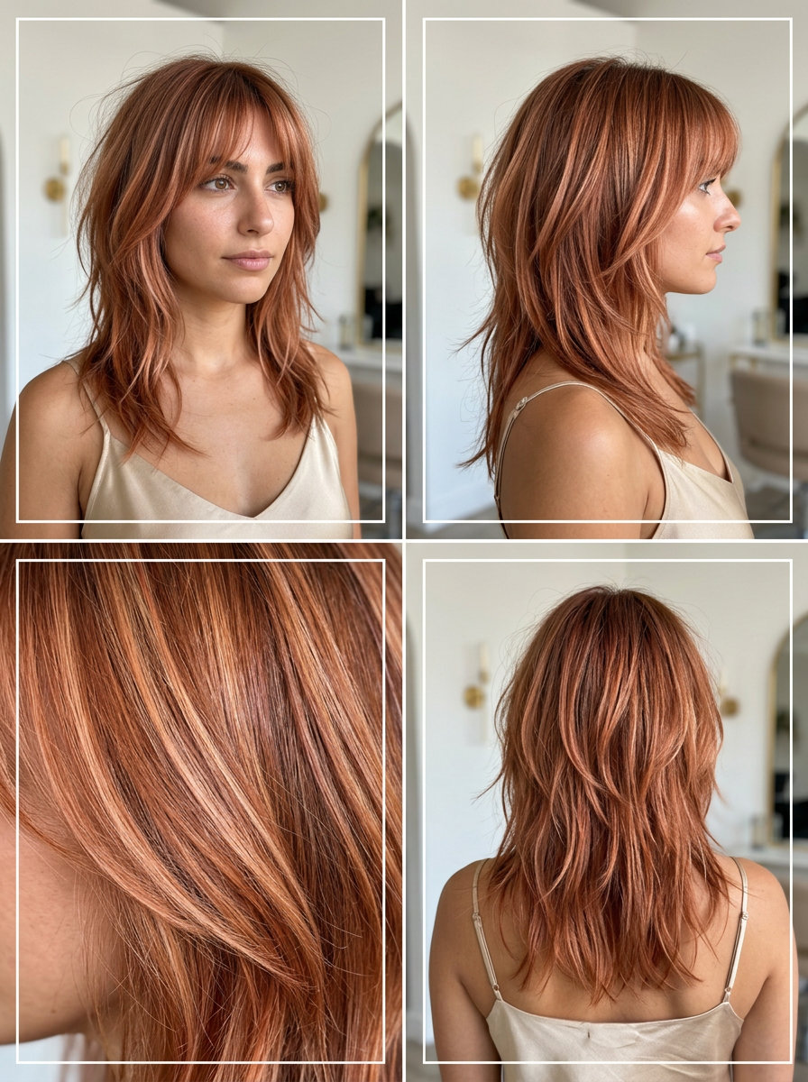 medium-length shag haircut in copper rose gold with strawberry blonde and peach babylights for summer