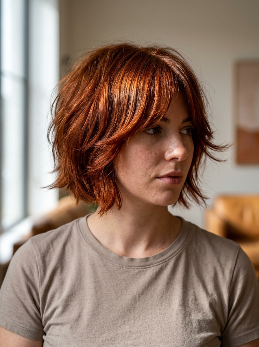 short kitty cut deep cowboy copper with warm penny undertones, graduated layers, face-framing whisker layers — bold playful