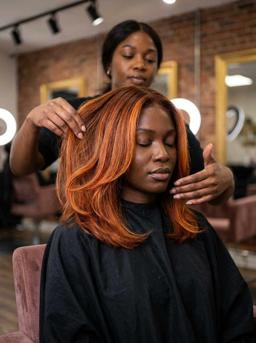 Desert Sunset Balayage: Fiery Copper 2026 medium-length cut copper with terracotta base, hand-painted balayage, soft internal layers β bold artistic waves