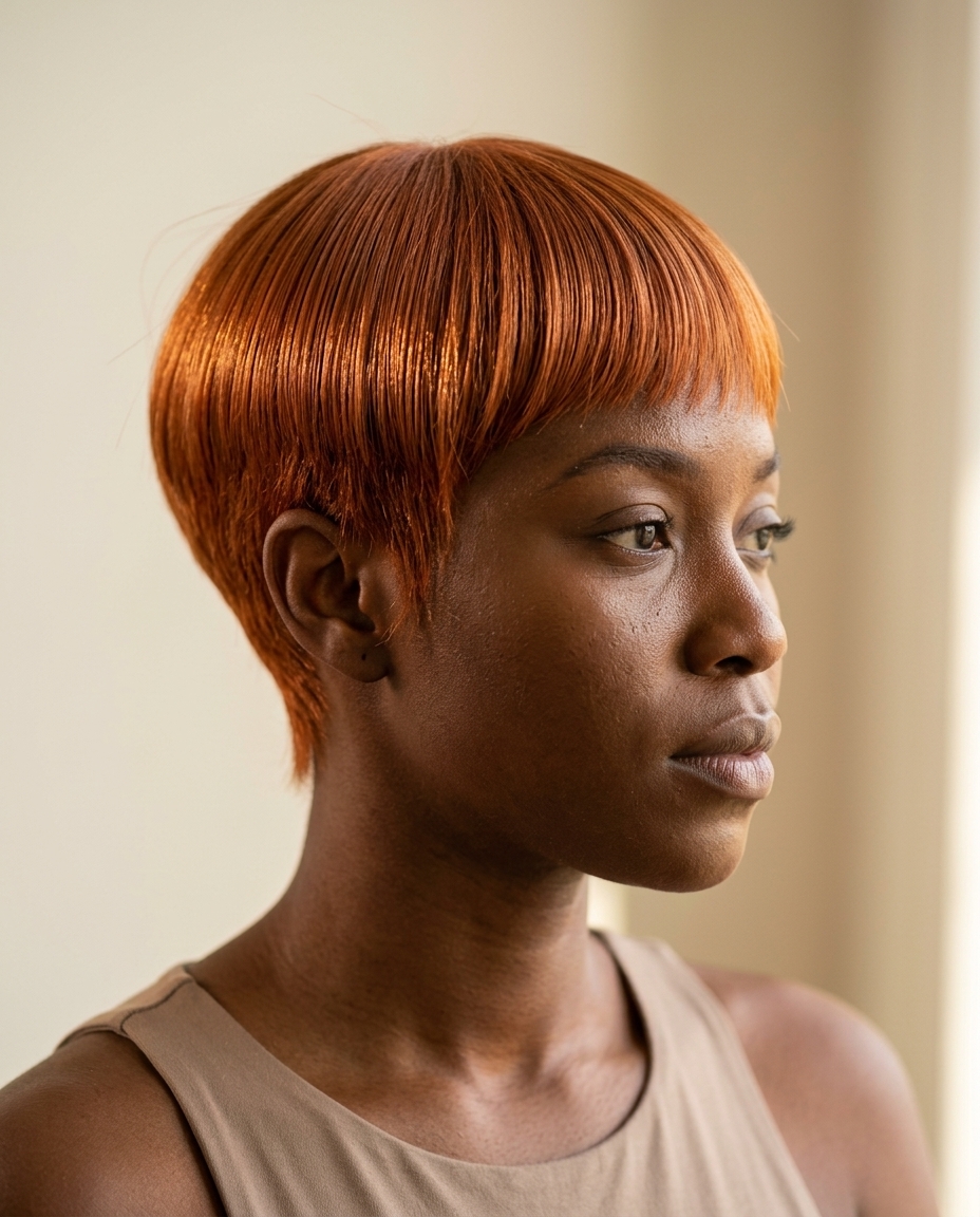 very short pixie haircut in vibrant cowboy copper with orange-red undertones, blunt cut with tapered sides — bold and sophisticated