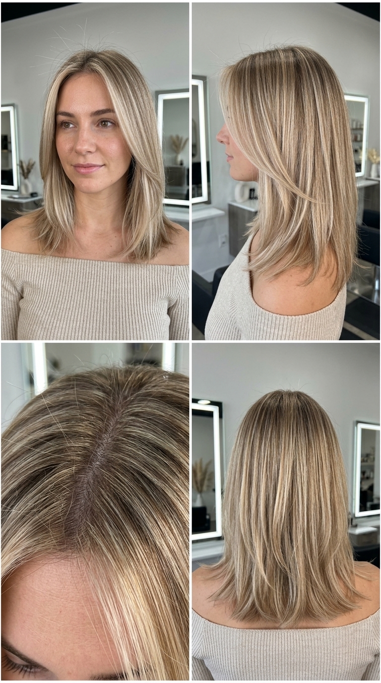 long invisible layers with soft sweeping curtain bangs and creamy beige babylights for summer wedding guest