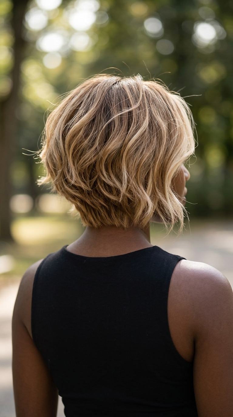 short bixie haircut with creamy blonde buttercream highlights, soft sweeping layers, no fringe — youthful sun-kissed