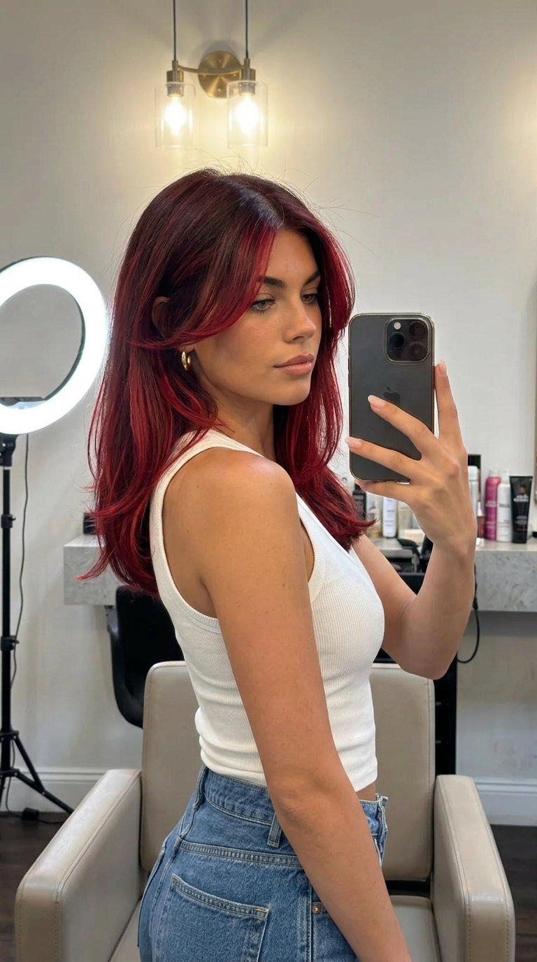 long crimson red balayage with mahogany base and face-framing pieces for music festivals