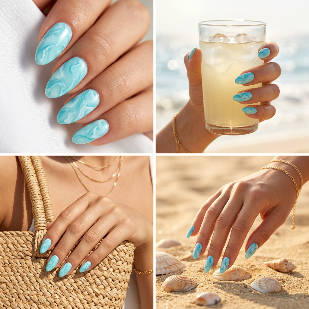 Cute Summer Nails 2026: Aqua Marble Sophistication Cute summer nails 2026: Sophisticated aqua marble gel nails for formal events and date nights.