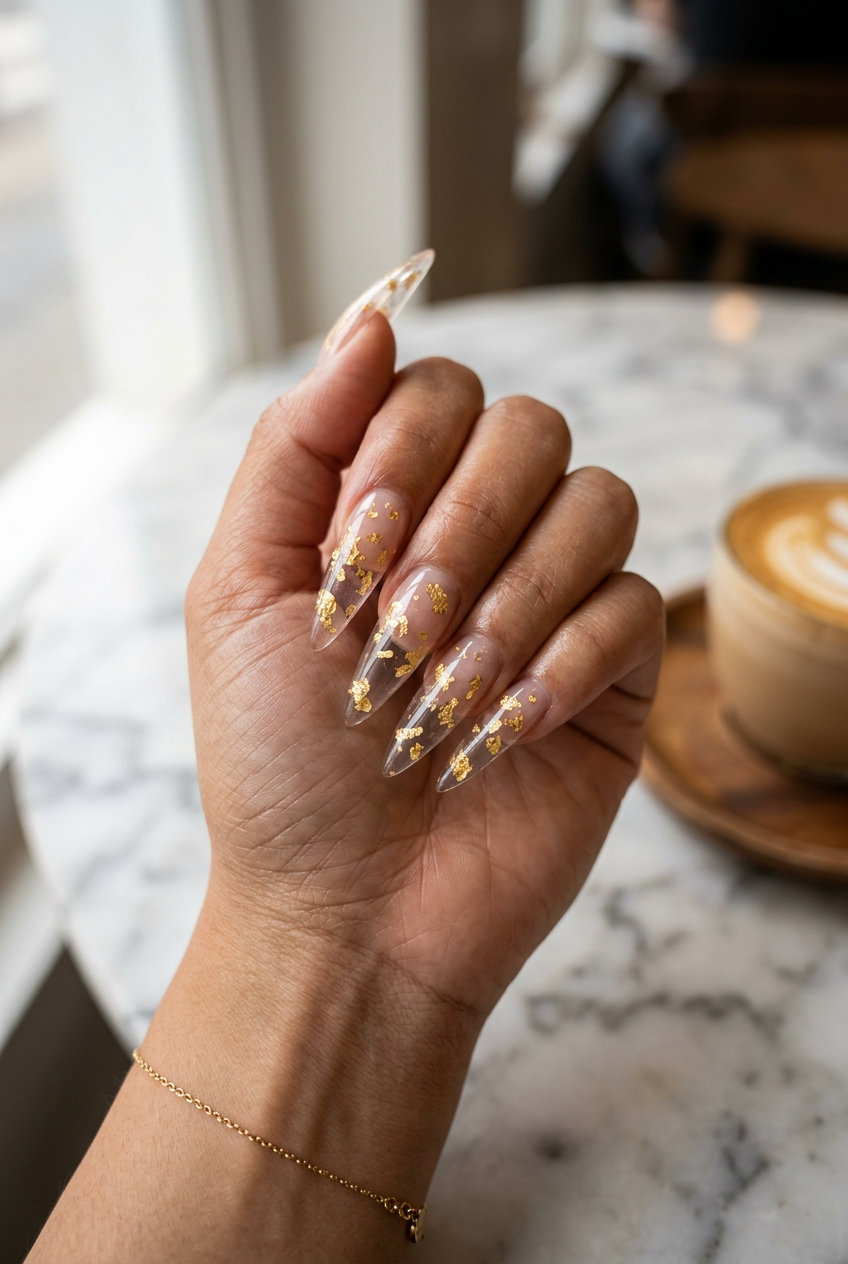 Cute Summer Nails 2026: Crystal Gold Flake Gala Style Cute summer nails 2026: Glamorous crystal gold flake stiletto nails for formal events and summer weddings.