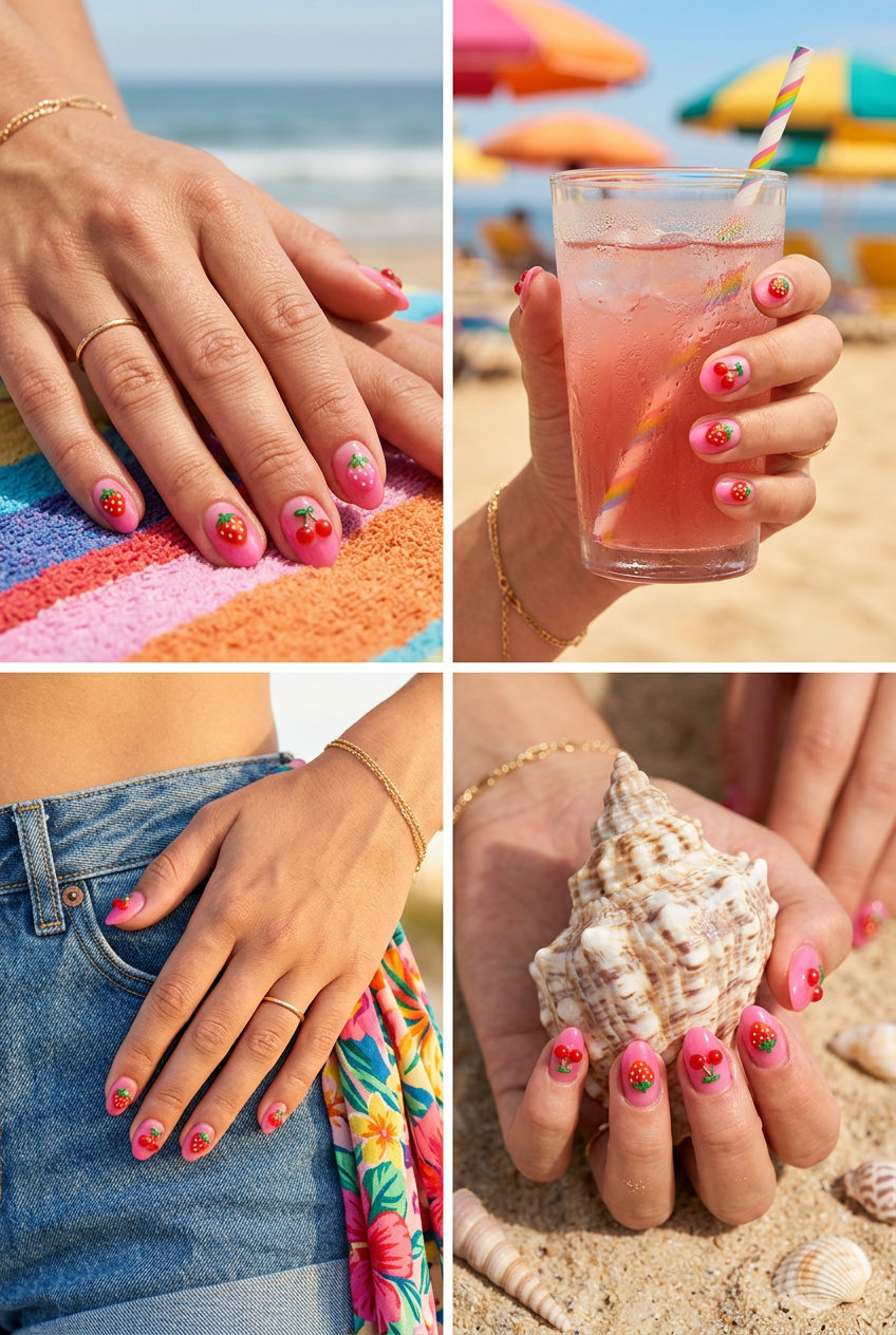 Cute Summer Nails 2026: Summer Fruit Charm Fiesta Cute summer nails 2026: Fun fruit charm fiesta on short oval nails for vacations and festivals.