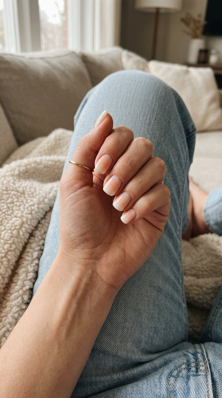 Cute Summer Nails 2026: Fresh Peachy Ombre French Cute summer nails 2026: Peachy ombre French tips on short soft square nails with a sheer milky base for a fresh, clean look.