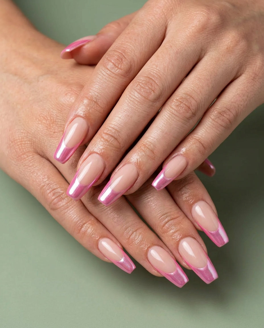 Cute Summer Nails 2026: Pop Pink Chrome French Cute summer nails 2026: Glamorous pop pink chrome French tips on long coffin nails for festivals.