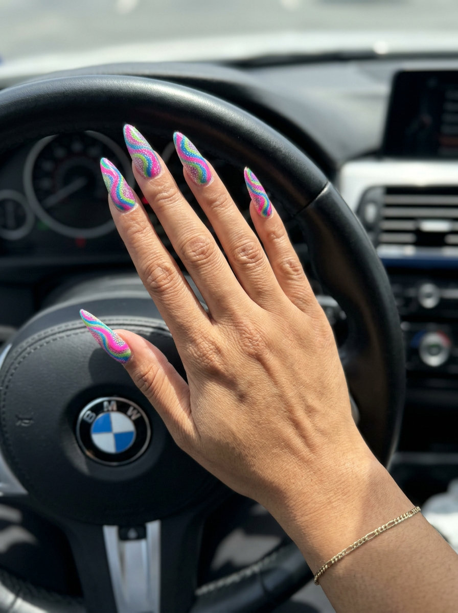 Cute Summer Nails 2026: Psychedelic Glitter Fest Cute summer nails 2026: Psychedelic swirl glitter fest on long coffin nails in hot pink, electric blue, and lime green.