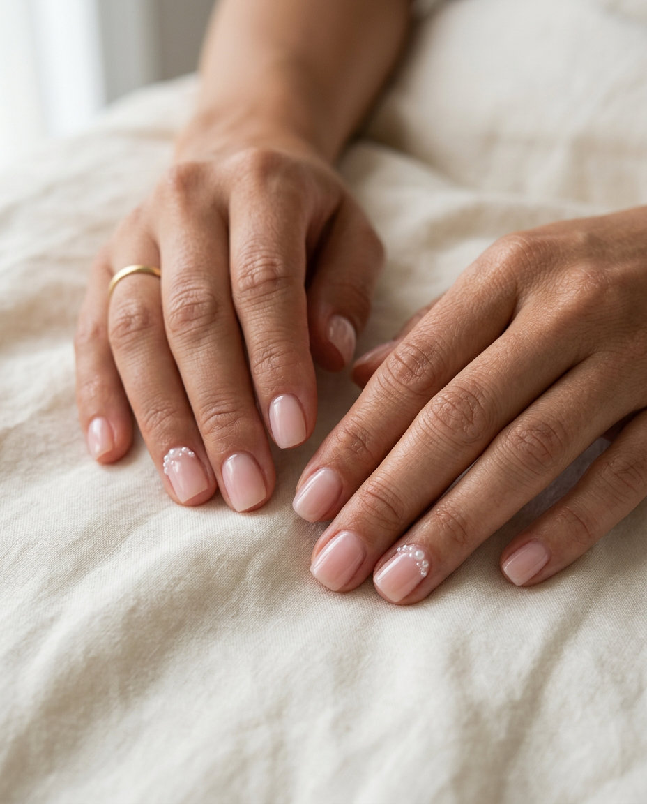 Cute Summer Nails 2026: Sheer Pink Pearl Accents Romantic Wedding Nails Cute summer nails 2026: Sheer Pink Pearl Accents nails for weddings and date nights.