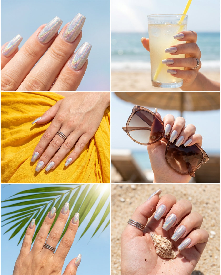 Cute Summer Nails 2026: Sparkle Accent Holographic Party Nails Cute summer nails 2026: Sparkle Accent Holographic nails with sheer nude base and glitter accent.